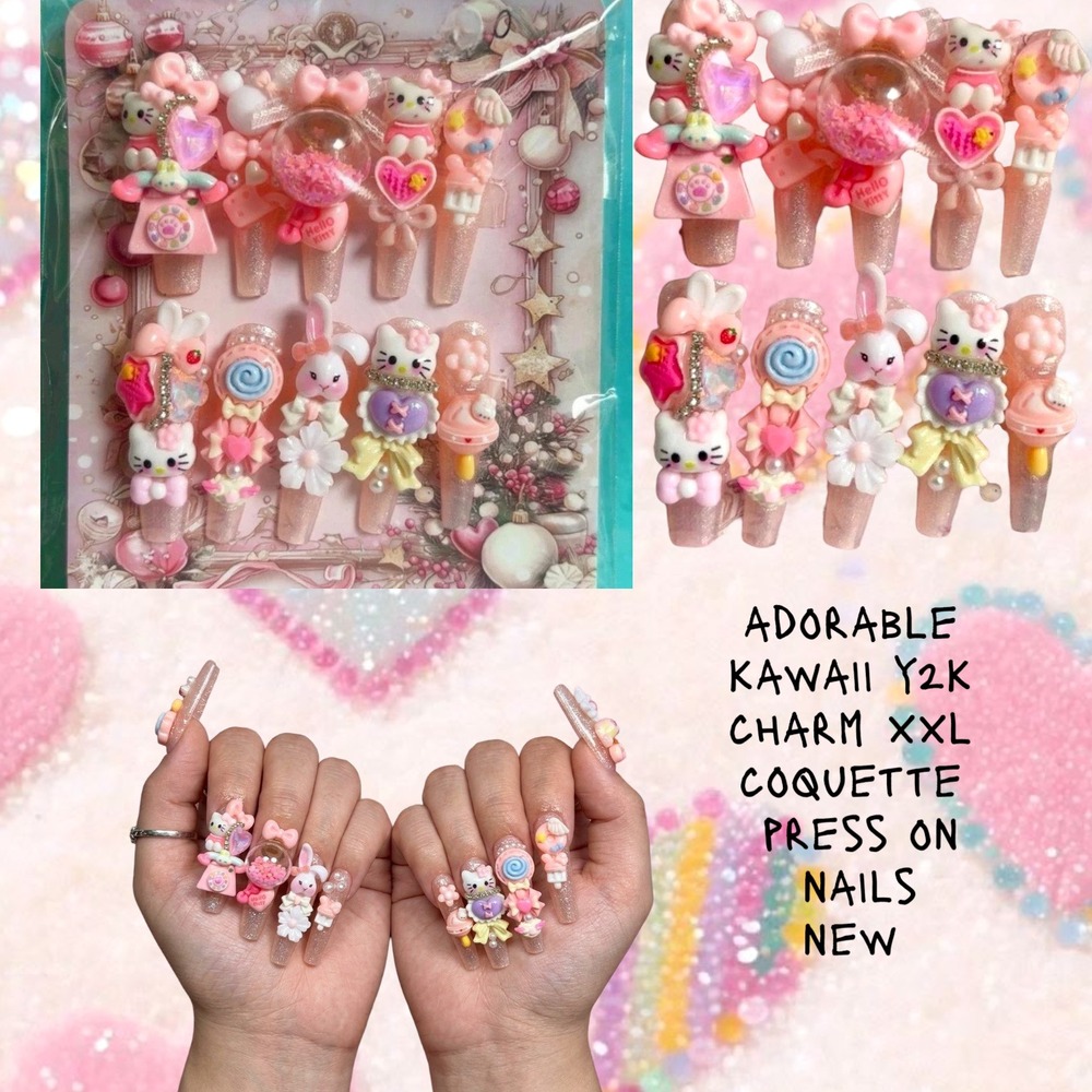 Y2K HANDMADE‎ KAWAII HELLO KITTY BUNNY GLOBE X LONG FAKE NAILS SET XS OR M